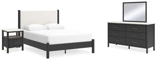 Cadmori Queen Upholstered Panel Bed with Mirrored Dresser and Nightstand