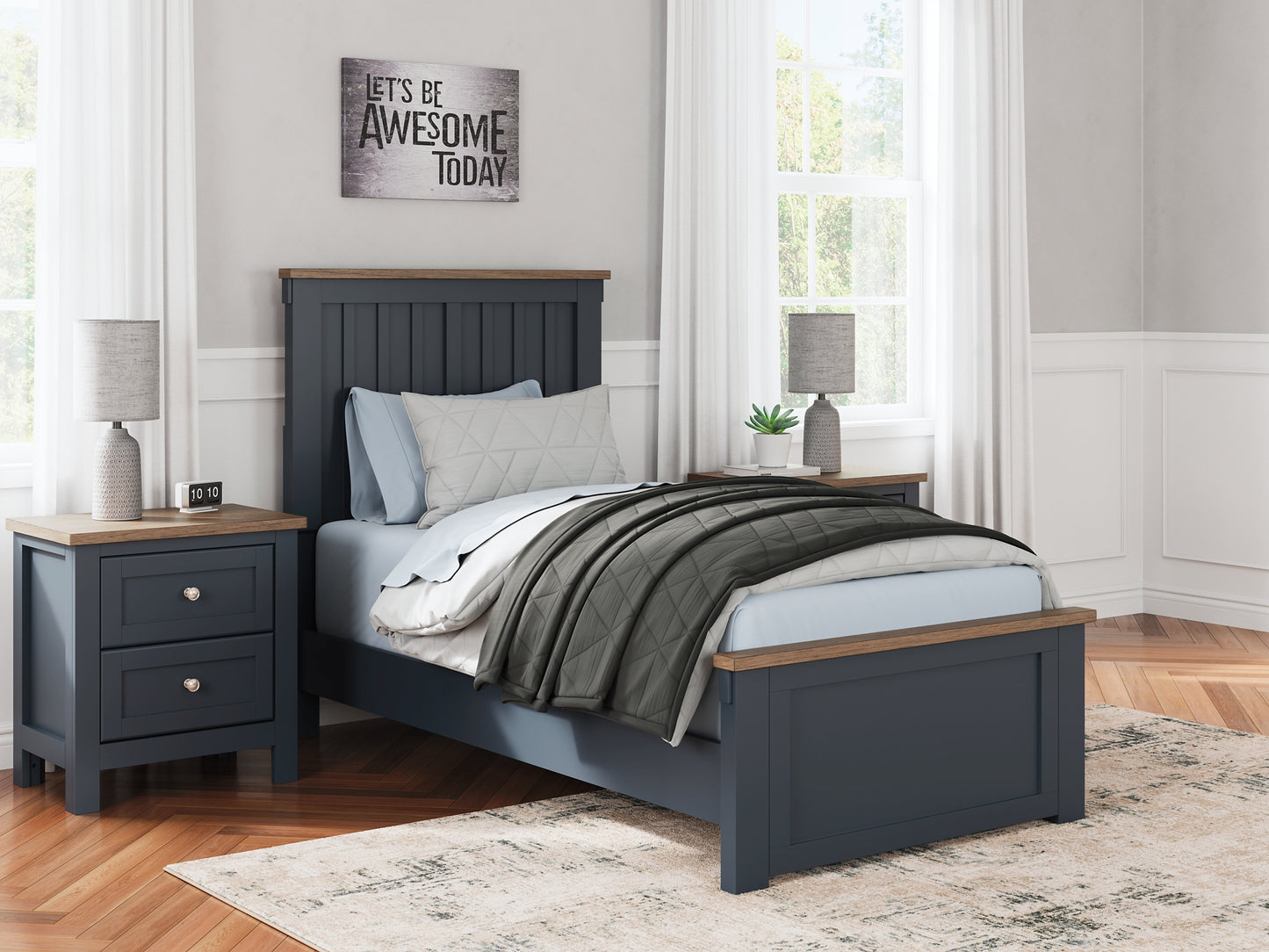 Landocken Twin Panel Bed with Mirrored Dresser, Chest and 2 Nightstands