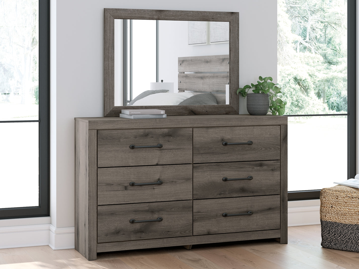 Graystorm King Panel Bed with Mirrored Dresser, Chest and Nightstand