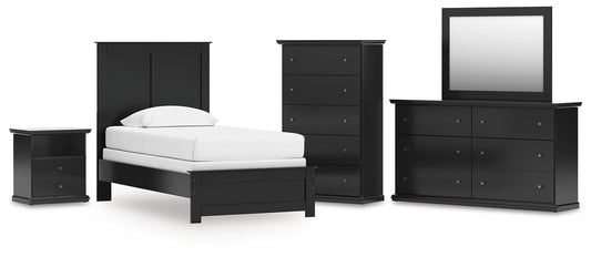 Maribel Twin Panel Bed with Mirrored Dresser, Chest and Nightstand