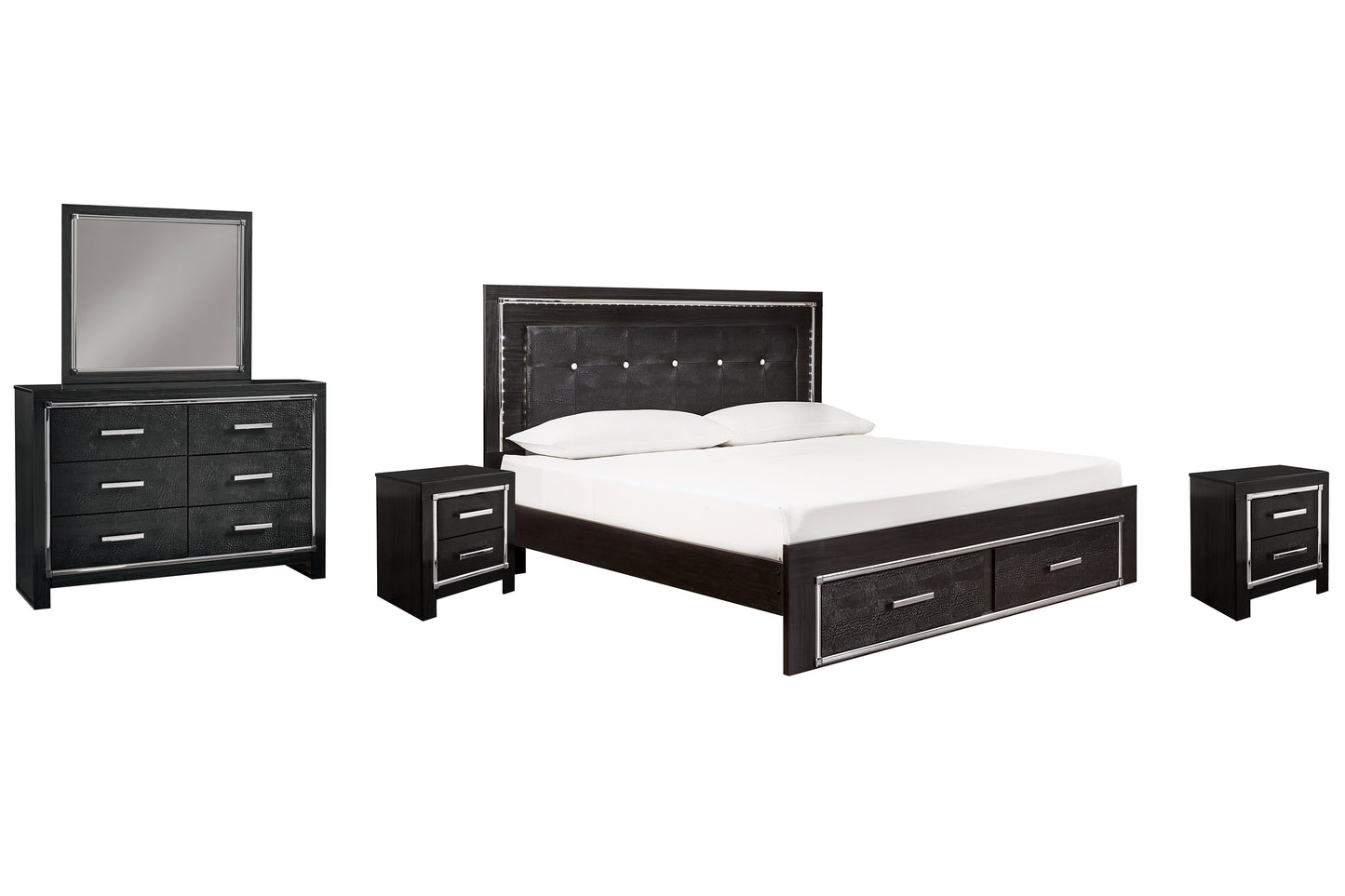 Kaydell King Panel Bed with Storage with Mirrored Dresser and 2 Nightstands