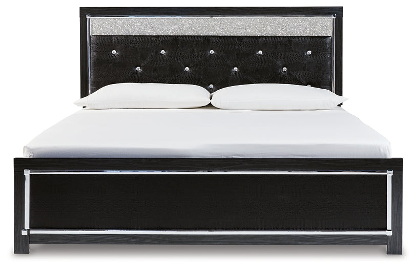 Kaydell King Upholstered Panel Platform Bed with Mirrored Dresser and Chest